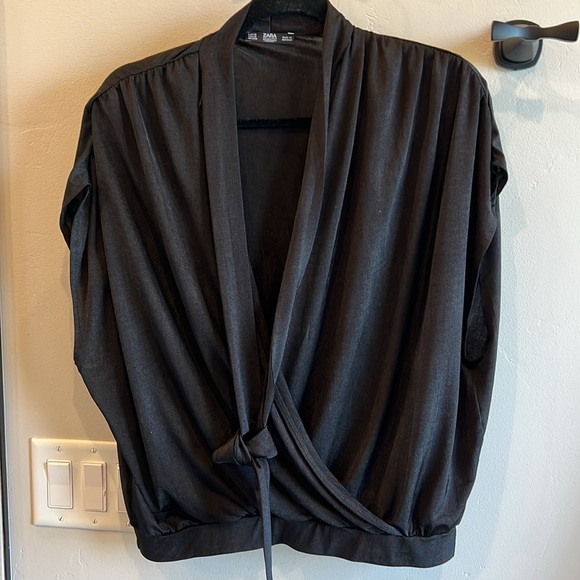 Zara Tops - Black Zara size M cap-sleeves faux wrap blouse with tie